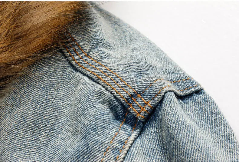 New Men's Fashion Retro Plush Denim Jacket Casual Tear Patch Denim Coat