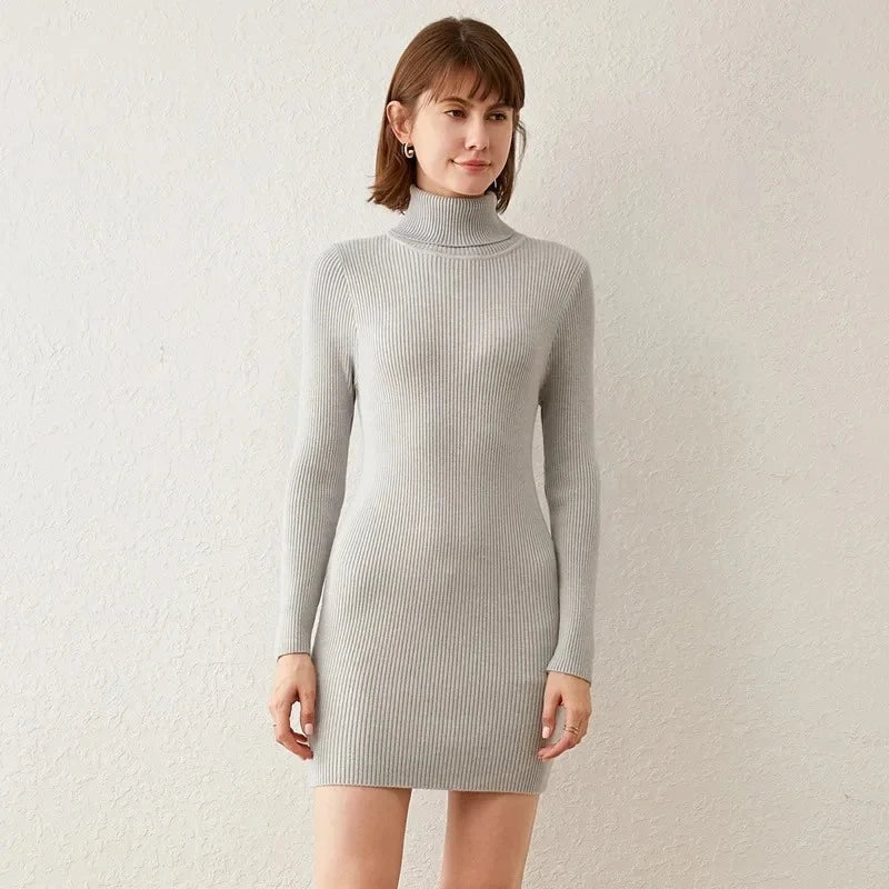 Turtleneck Sweater Slim-Fit Bottoming Solid Color Tight-Fitting Knitted Bag Hip Women Dress.