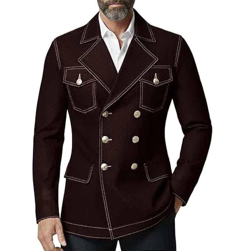Men's Denim Jacket Double Breasted Slim Fit Notch Lapel Multi-pocket With Gold Button British Style Casual Office Spot Coat