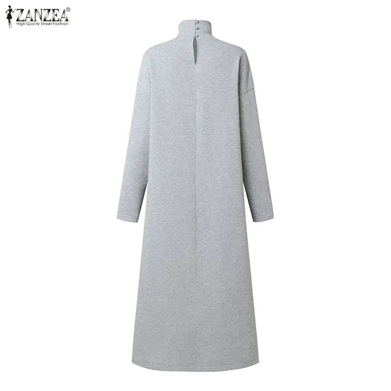 Sweatshirt Dress Women Casual Turtleneck Long Sleeve Solid A-Line Midi Dresses