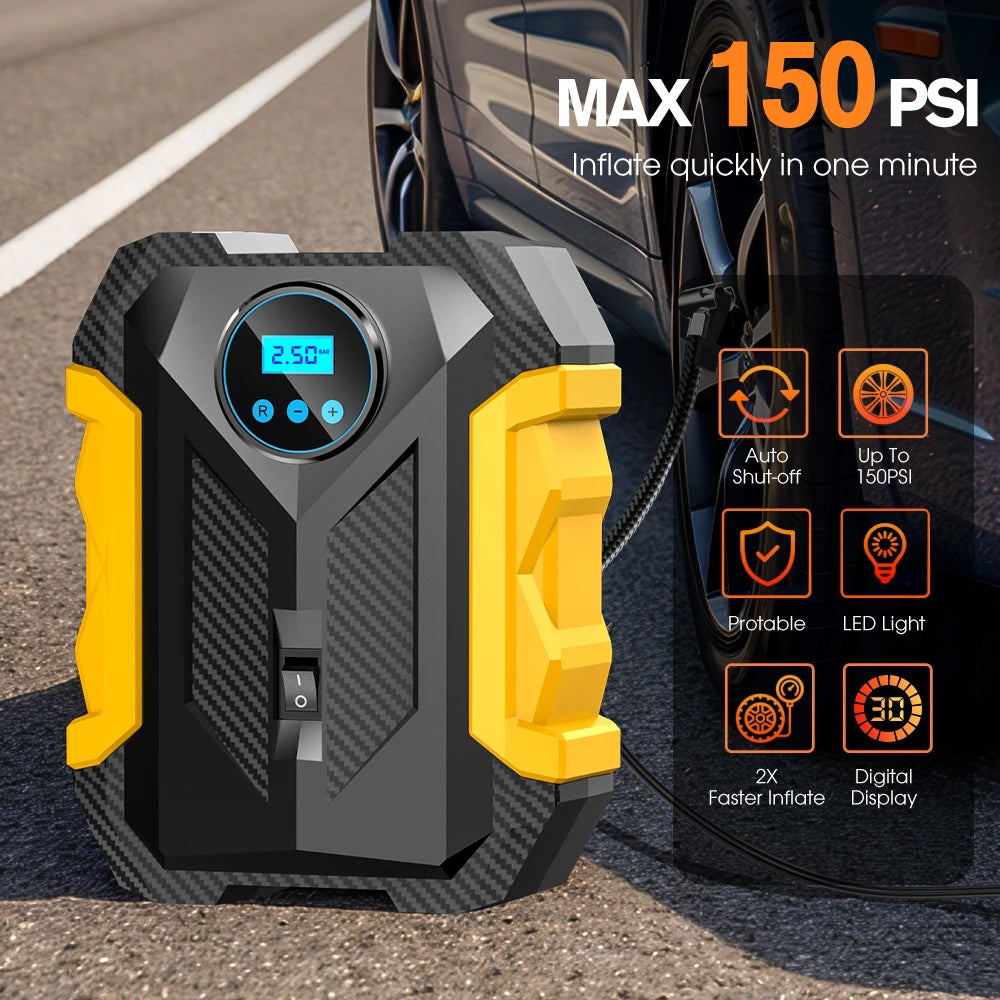 Carsun 150PSI 12V Digital Tire Inflator with LED Light, Smart Pressure Control & 3M Power Cord – For Cars, Bikes & Balls