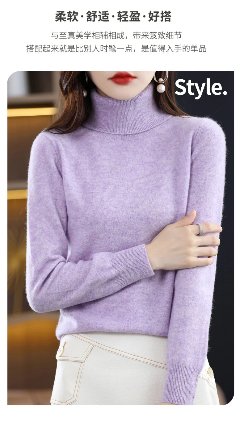 Wool Cashmere Sweater Women Knitted Sweater Turtleneck Long Sleeve Pullovers Autumn Winter.