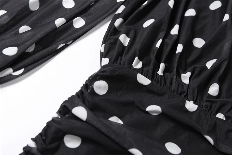 Turtleneck Backless Dress Women Classic Polka Dot Lace-Up Mesh Patchwork.