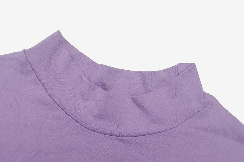 High-neck Purple Long-sleeved Pleated Tie-up Dress Skirt.