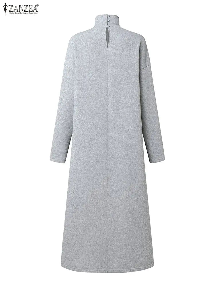 Sweatshirt Dress Women Casual Turtleneck Long Sleeve Solid A-Line Midi Dresses
