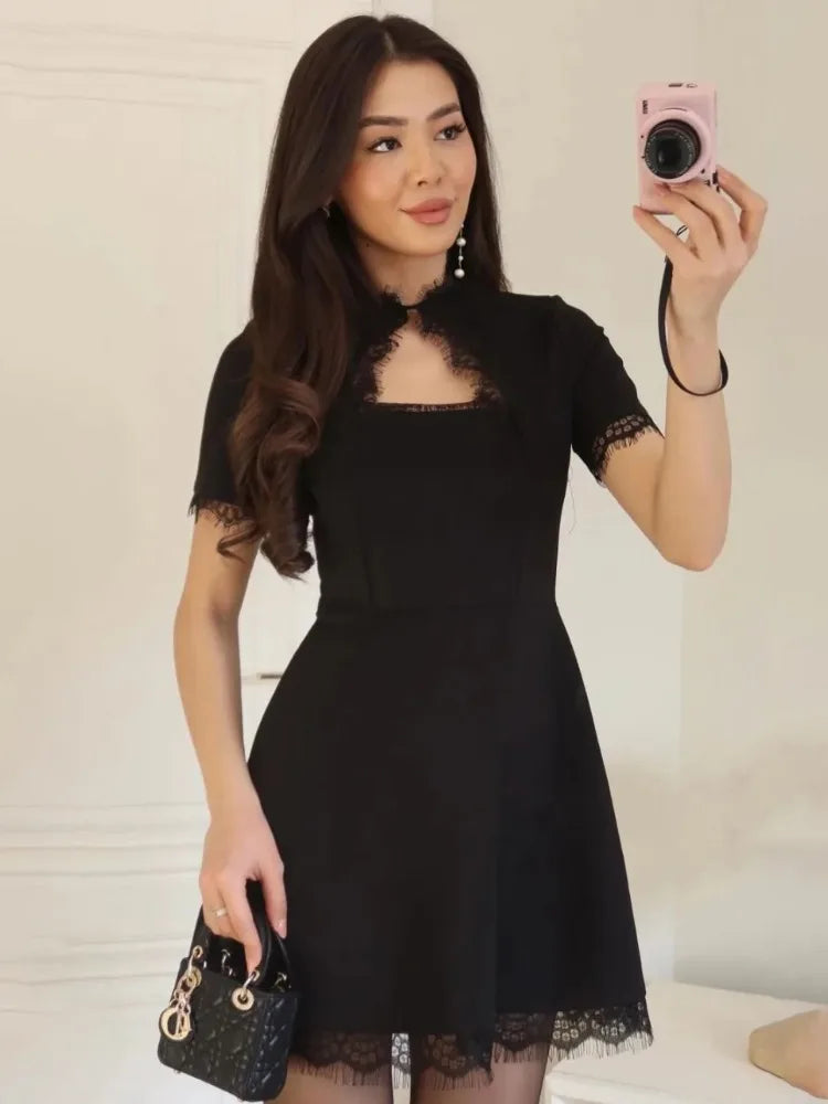Tossy Black Lace Cutout Mini Dress – High Waist Party Style