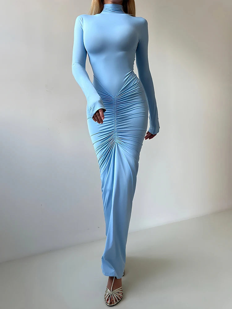New Style Long Dress Woman Turtleneck Full Sleeve Skinny High Stretch Daily Casual