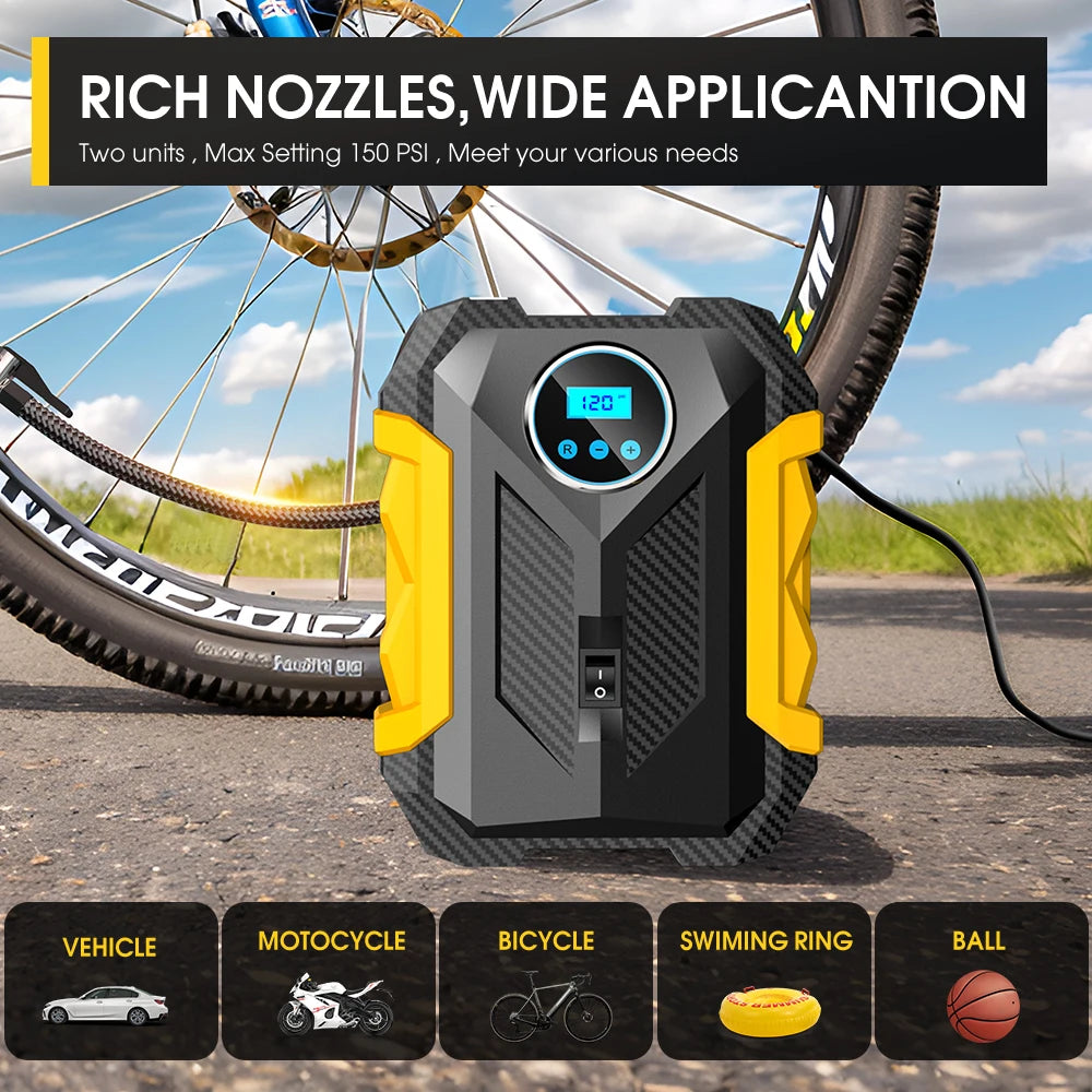Carsun 150PSI 12V Digital Tire Inflator with LED Light, Smart Pressure Control & 3M Power Cord – For Cars, Bikes & Balls