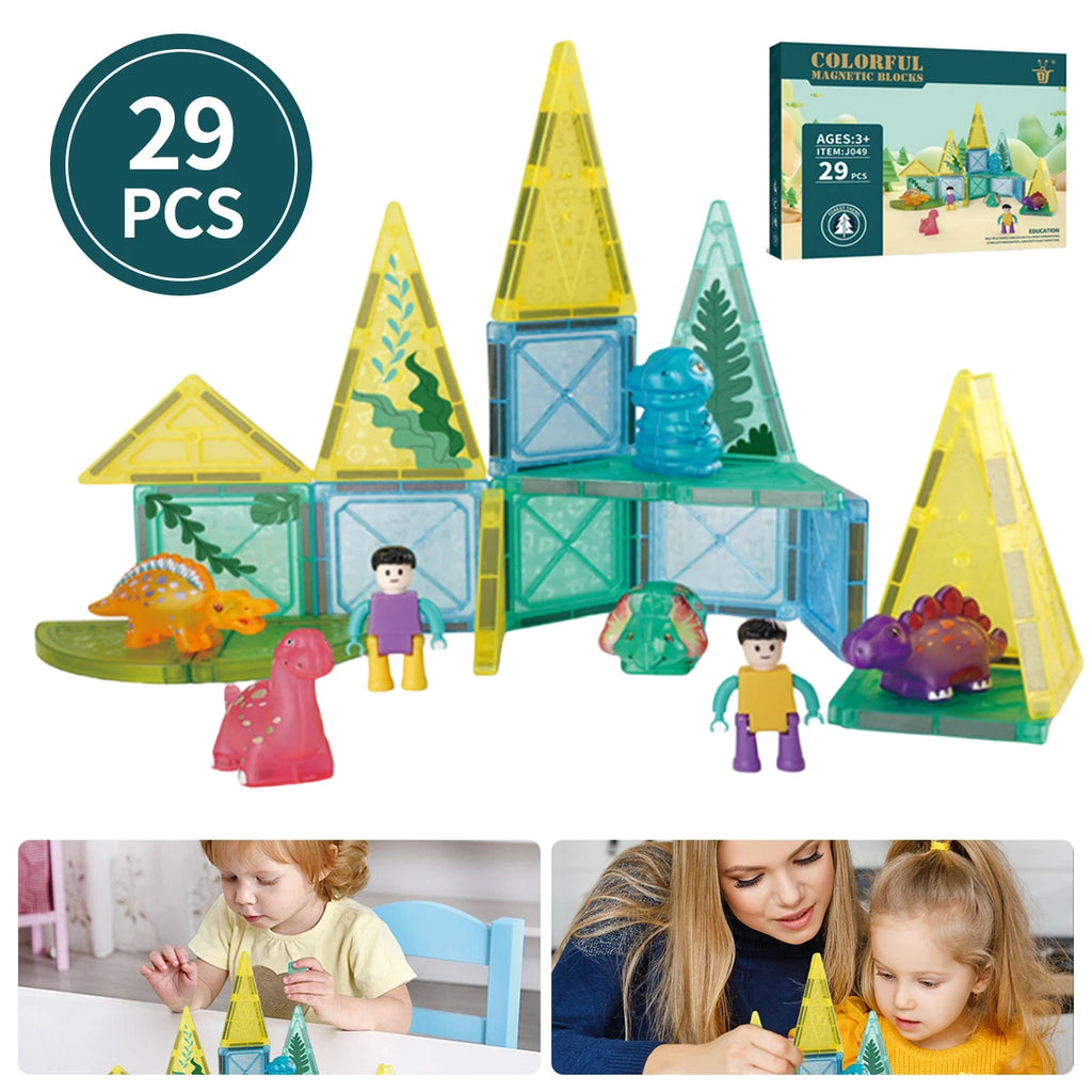Kids Forest Dinosaur Magnetic Building Blocks Starter Set – Educational Animal Magnet Construction Toy, 29 Pieces