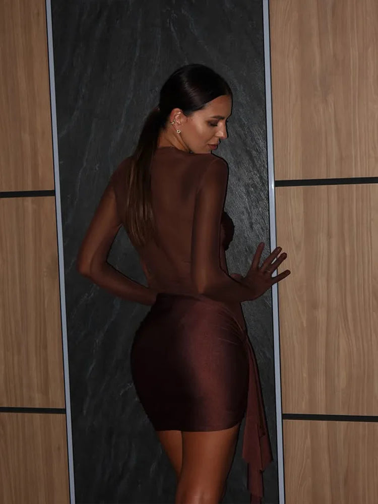 Mesh Patchwork Solid O Neck Women Dresses Autum Sheer Club Long Sleeve Hip Wrap Bodycon Streetwear