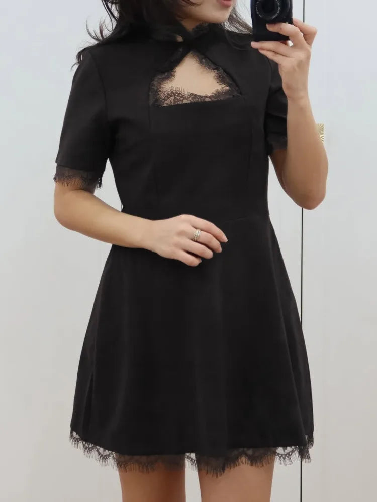 Tossy Black Lace Cutout Mini Dress – High Waist Party Style