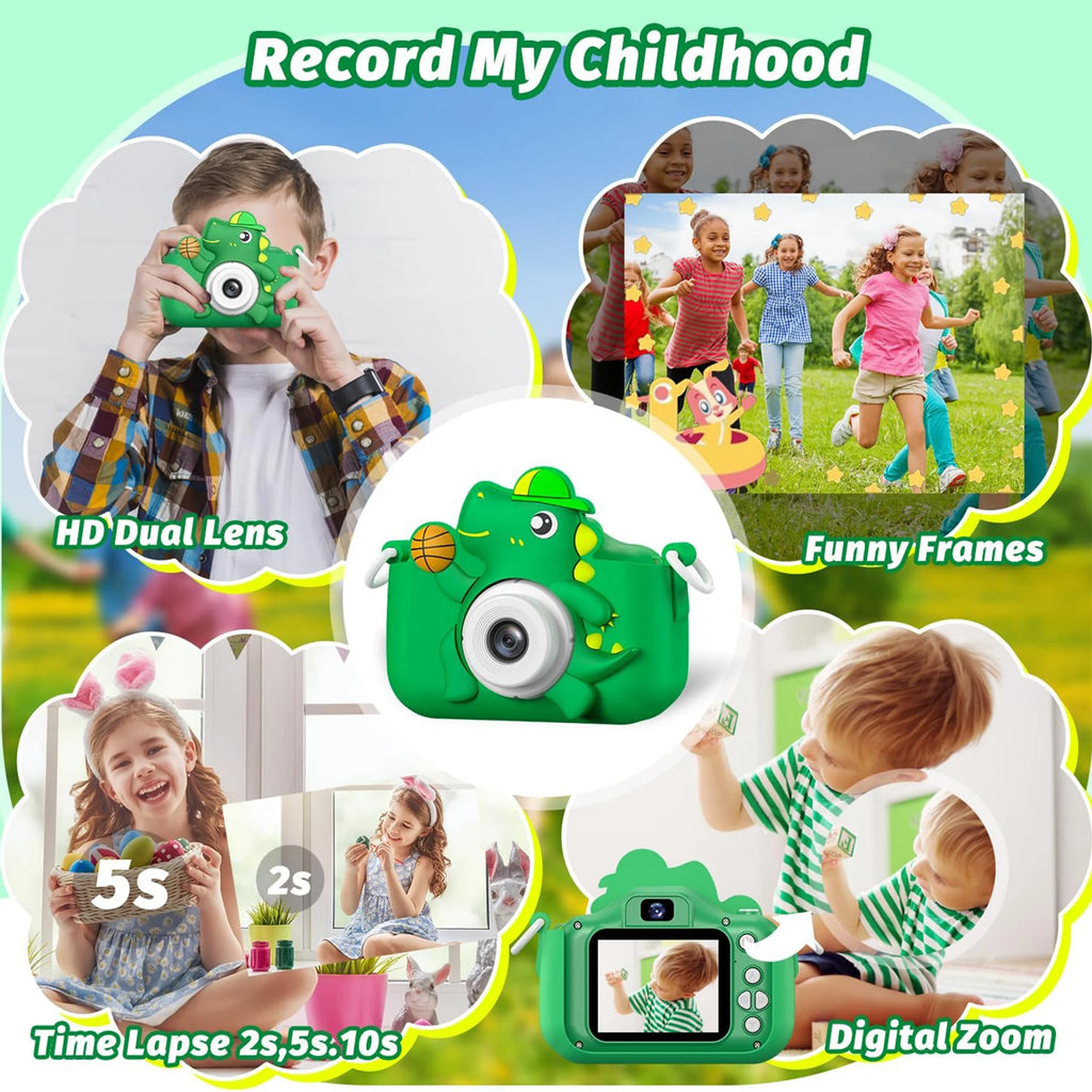 Kids’ Digital Camera – 1080P HD, SD Card, Cartoon Dinosaur Design for Photos & Videos, Perfect Birthday Gift