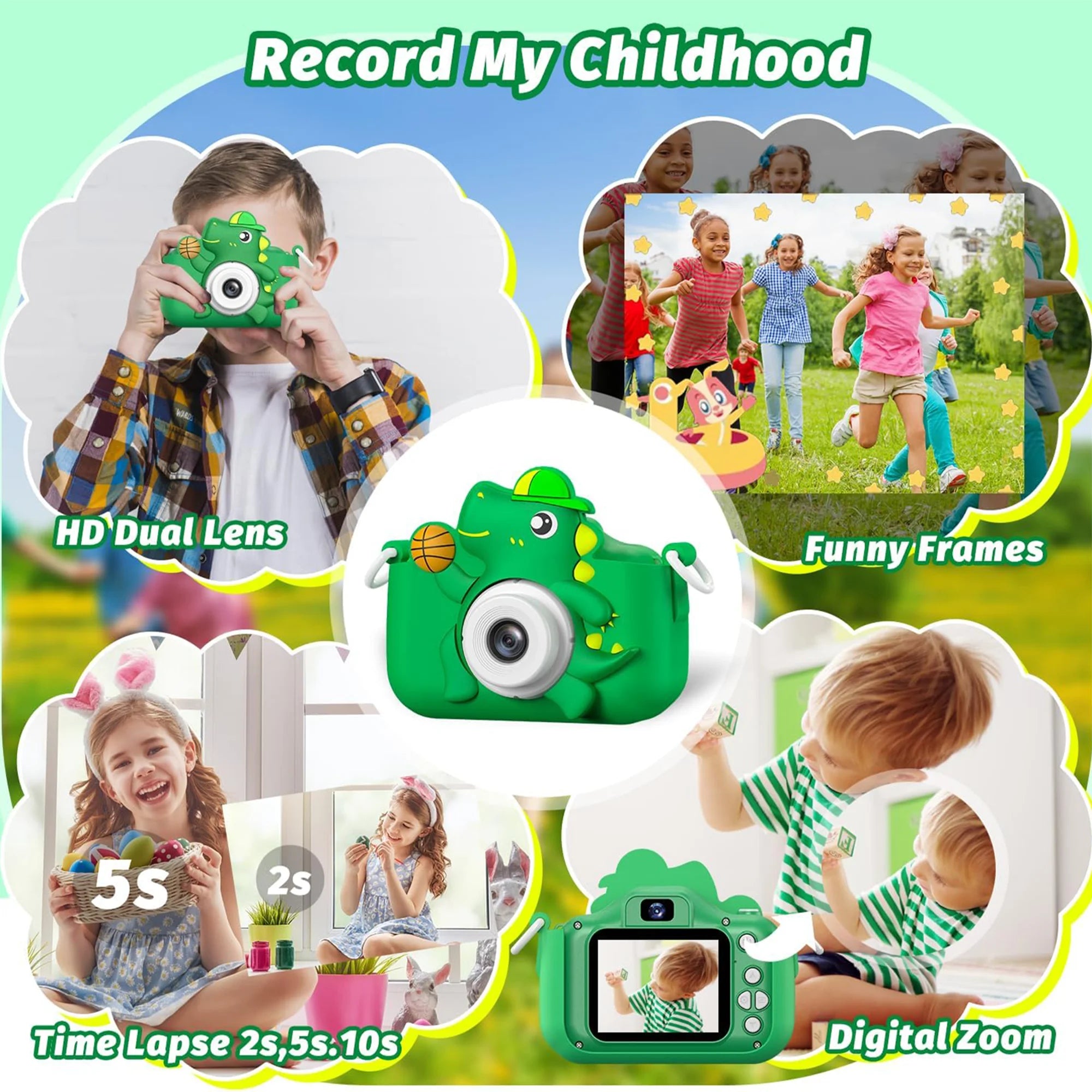 Kids’ Digital Camera – 1080P HD, SD Card, Cartoon Dinosaur Design for Photos & Videos, Perfect Birthday Gift