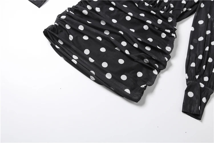 Turtleneck Backless Dress Women Classic Polka Dot Lace-Up Mesh Patchwork.