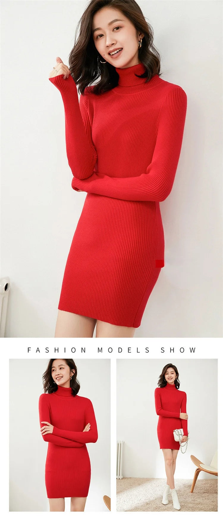 Turtleneck Sweater Slim-Fit Bottoming Solid Color Tight-Fitting Knitted Bag Hip Women Dress.