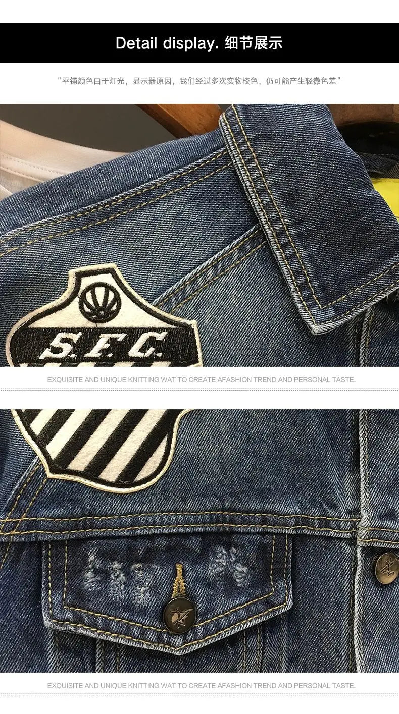 Spring and Autumn New Men's Embroidered Denim Jacket Trendy and Handsome Slim Fit Badge Broken Coat