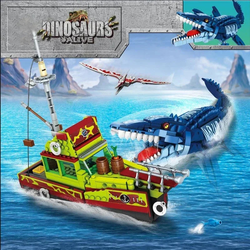 Sea Monster Attack Building Blocks – Adventure Boat and Dinosaur Construction Set Toy for Children