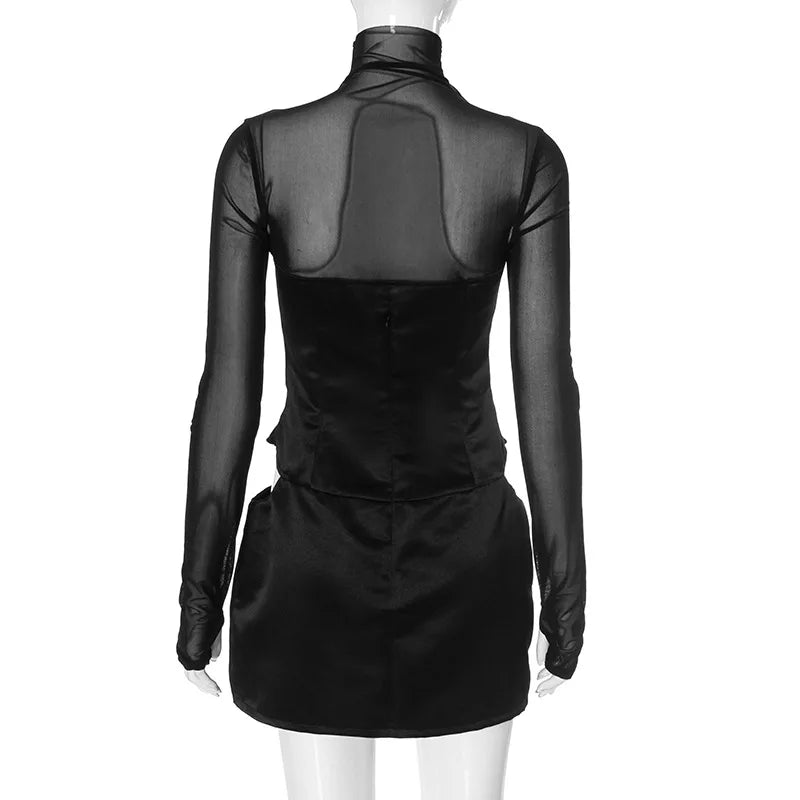 High Neck Robe Mesh Long Sleeve Mini Dress Party Cut Out Corset Bodycon Dresses