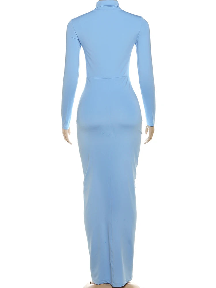 New Style Long Dress Woman Turtleneck Full Sleeve Skinny High Stretch Daily Casual