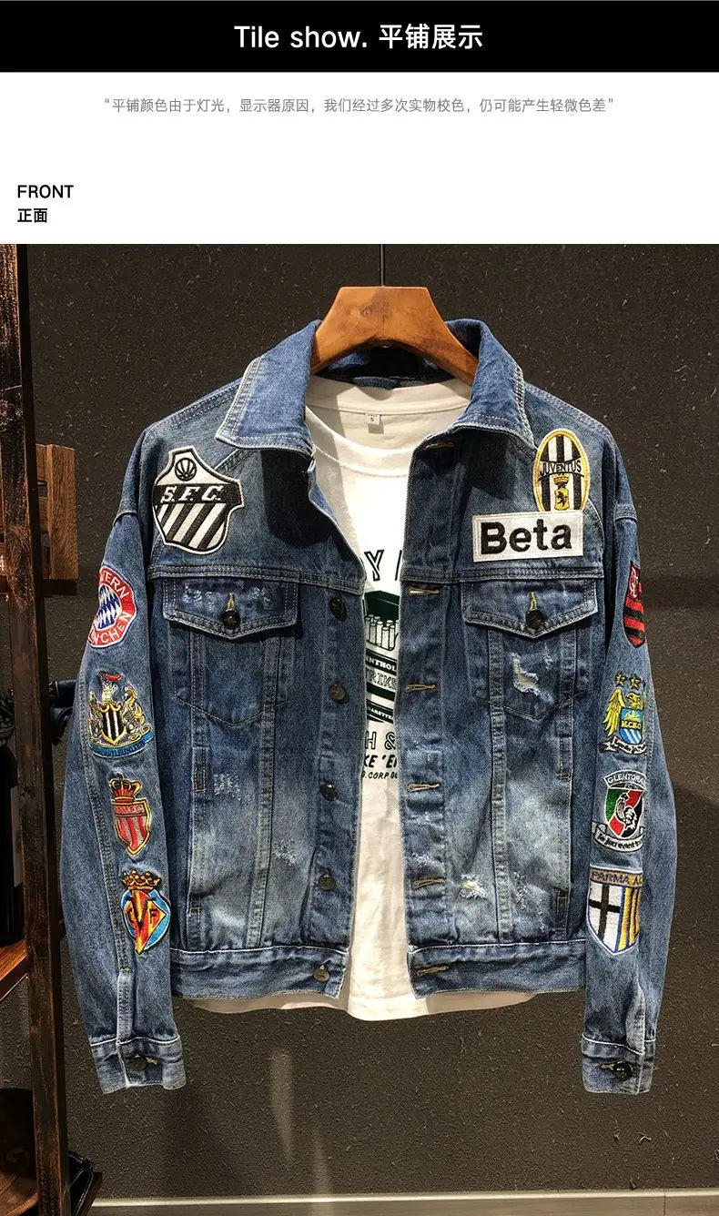 Spring and Autumn New Men's Embroidered Denim Jacket Trendy and Handsome Slim Fit Badge Broken Coat