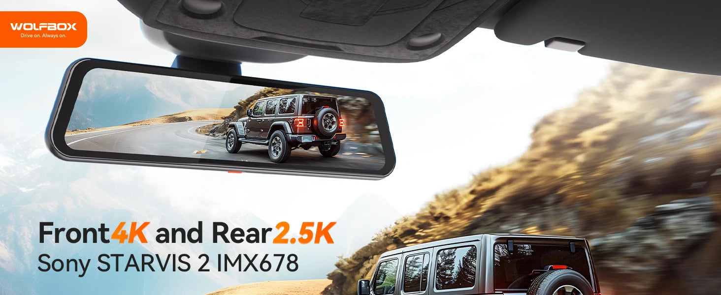 WOLFBOX G900 PRO Dash Cam – 4K front + 2.5K rear mirror dash camera with voice control, 5GHz Wi-Fi, GPS tracking, loop recording, and dual front & rear cameras for clear driving video and smart car security.