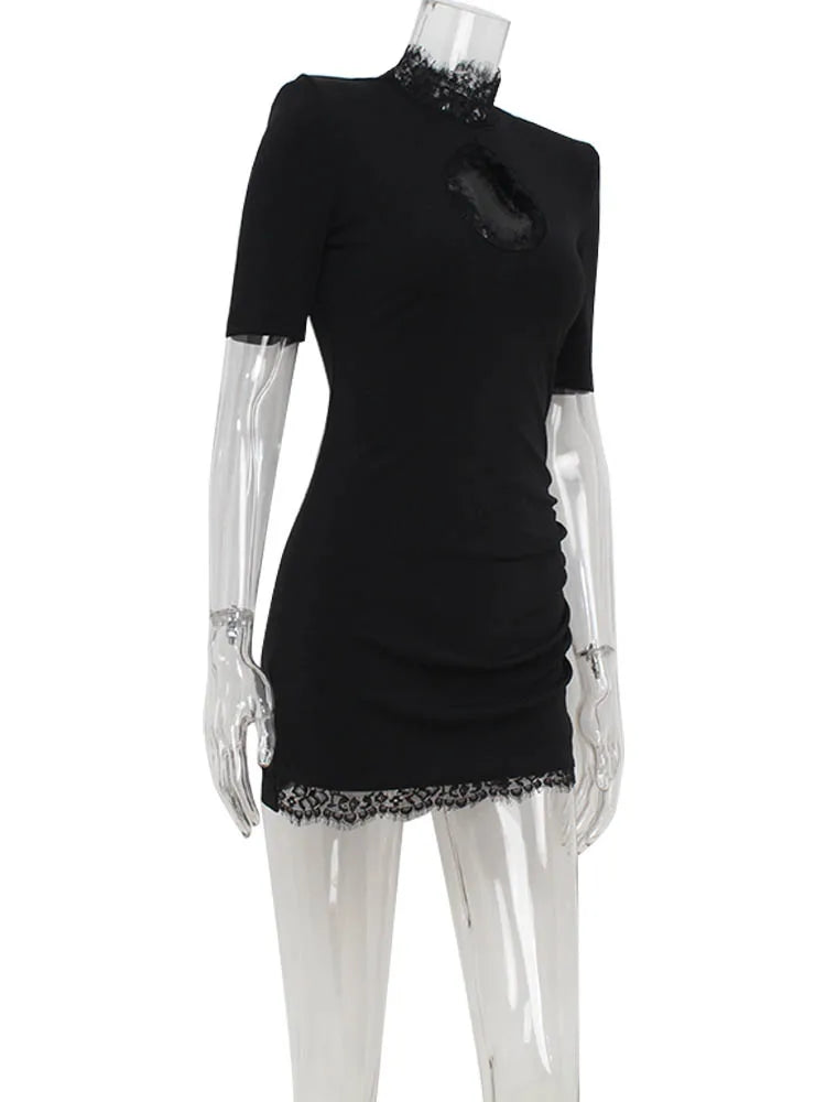 Slim-Fit Lace Mini Dress with Turtleneck and Cutout Accents