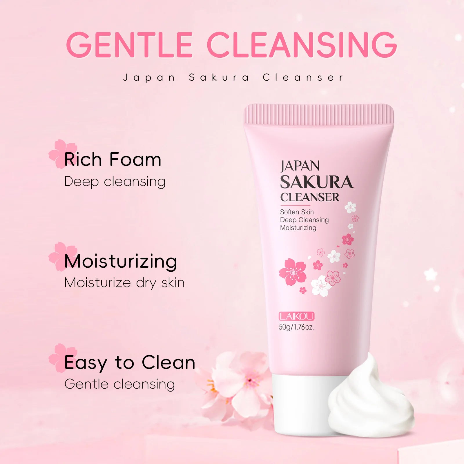 LAIKOU Sakura Cleanser Gentle Deep Cleaning Oil Control Moisturizing Shrink Pores Face Skin Care.