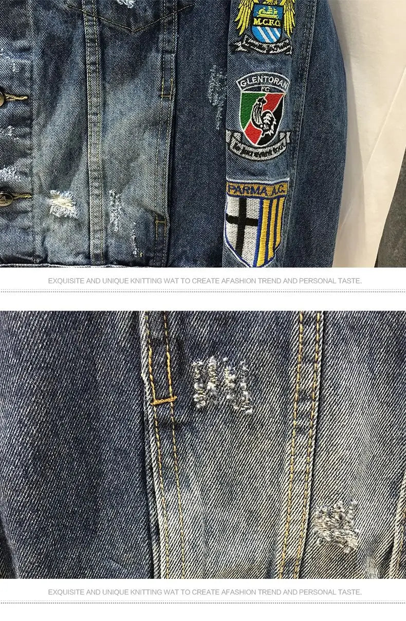 Spring and Autumn New Men's Embroidered Denim Jacket Trendy and Handsome Slim Fit Badge Broken Coat