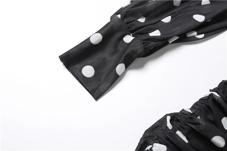Turtleneck Backless Dress Women Classic Polka Dot Lace-Up Mesh Patchwork.