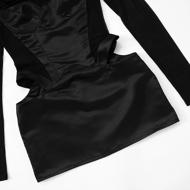 High Neck Robe Mesh Long Sleeve Mini Dress Party Cut Out Corset Bodycon Dresses