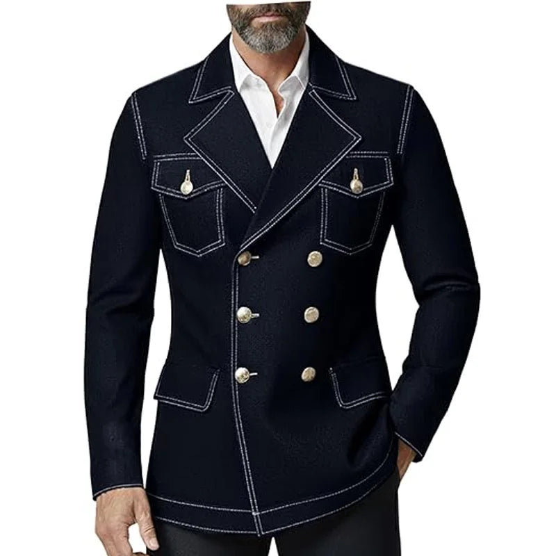Men's Denim Jacket Double Breasted Slim Fit Notch Lapel Multi-pocket With Gold Button British Style Casual Office Spot Coat