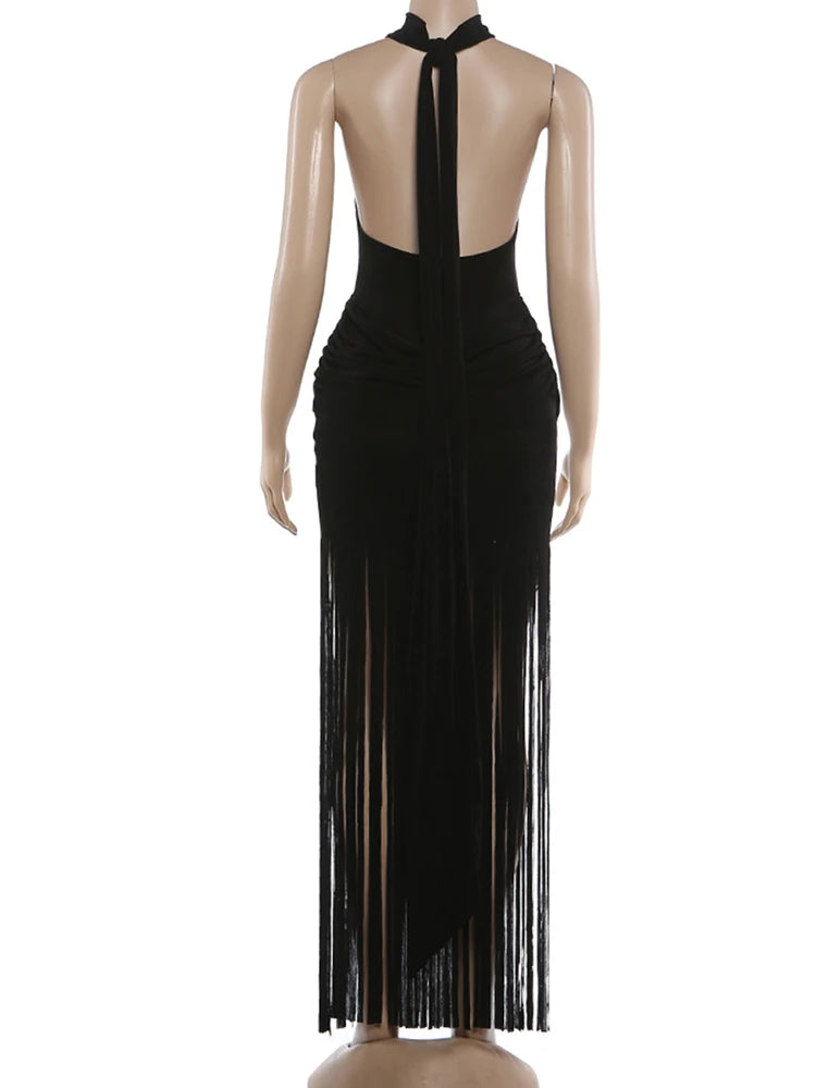 Women Velvet Ruched Patchwork Tassel Hem Elegant Backless Party Bodycon