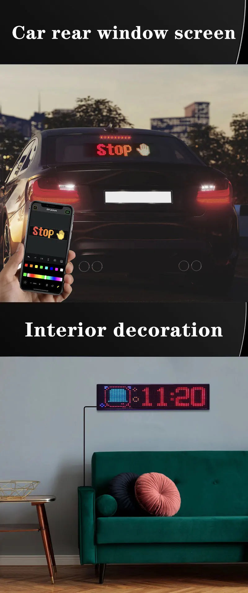 Smart RGB LED Matrix Car Display with APP Control – Custom Scrolling Text, Animated Pixel Board & Windshield Advertising Screen