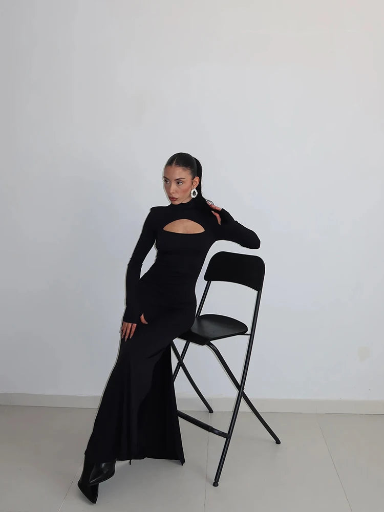 Women's Maxi Dresses Solid Turtleneck Regular Long Sleeves Hollow Out Slim Fit