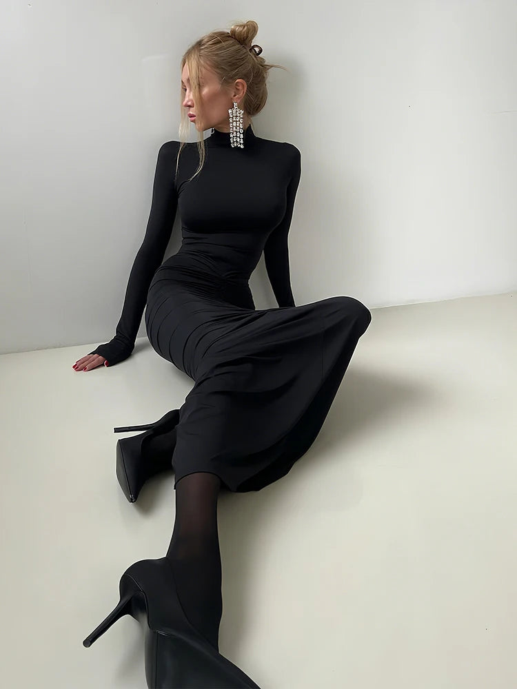 New Style Long Dress Woman Turtleneck Full Sleeve Skinny High Stretch Daily Casual