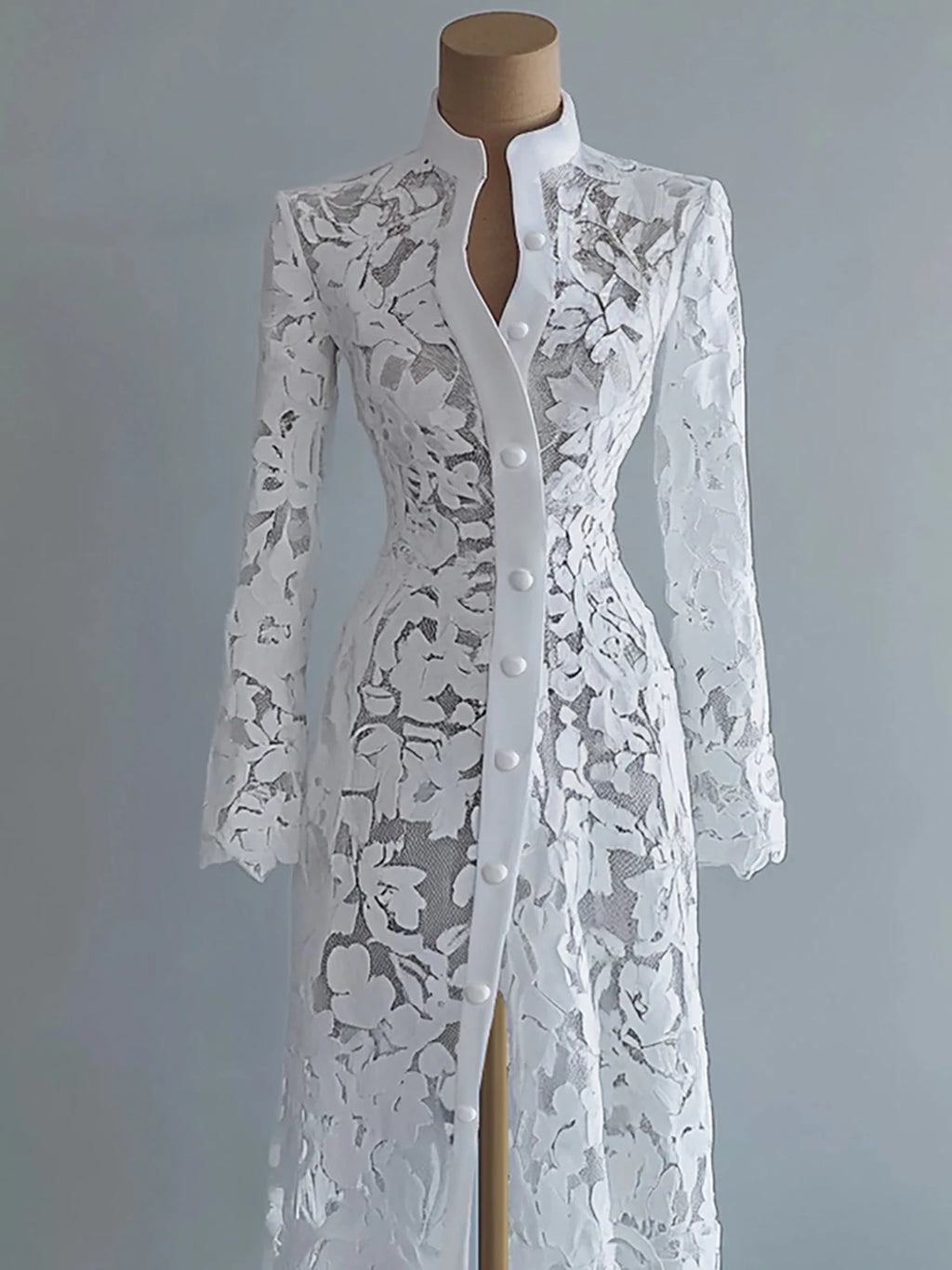 Women's Floral Lace Hollow Out Elegant Dress Solid Single-breasted Turtleneck Autumn Long Sleeve Cardigan Outwear Midi Dresses