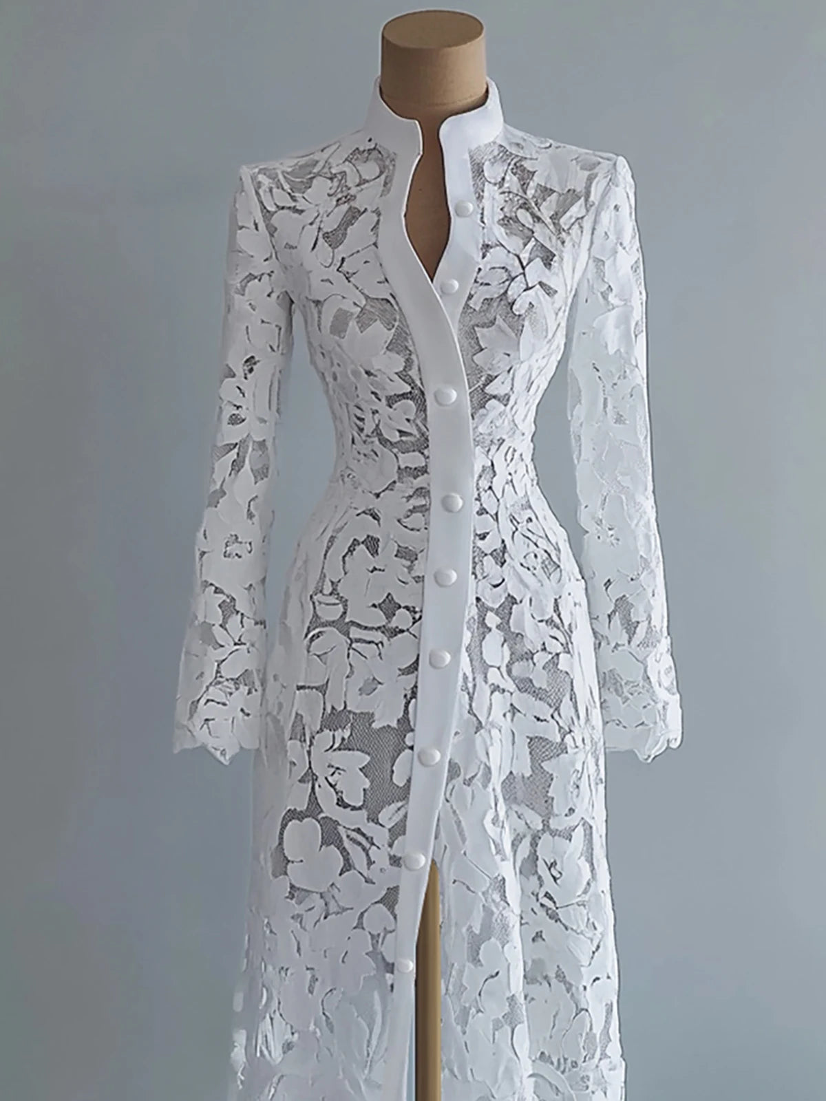 Women's Floral Lace Hollow Out Elegant Dress Solid Single-breasted Turtleneck Autumn Long Sleeve Cardigan Outwear Midi Dresses