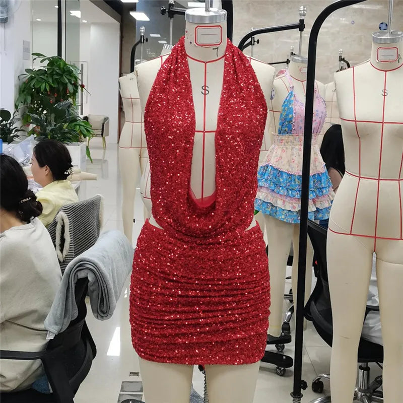 Sequin Skirts Sets Women Slim Halter Neck Backless Sleeveless Tops Mini Skirt