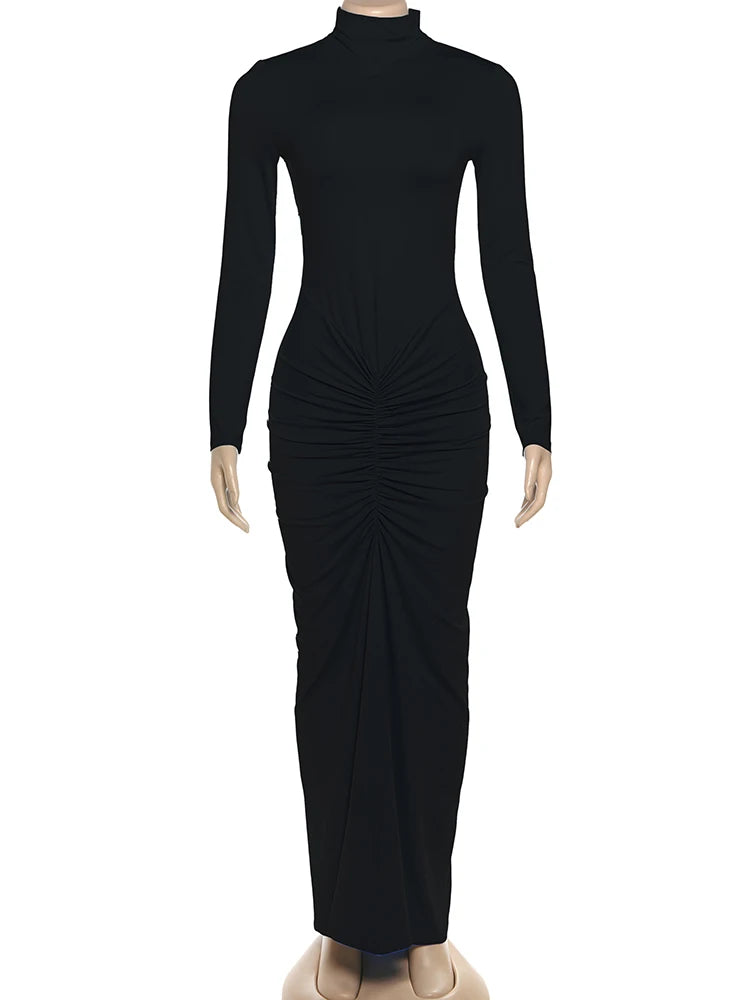 New Style Long Dress Woman Turtleneck Full Sleeve Skinny High Stretch Daily Casual