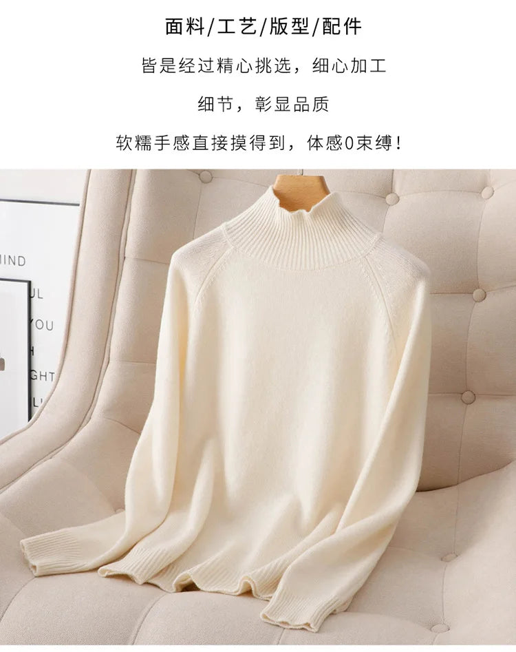Autumn Winter Wool Sweater Mock Neck Office Lady Knitted Pullover Solid Soft Long Sleeve