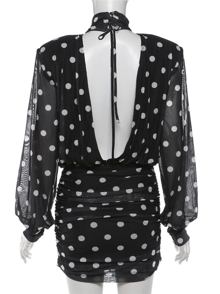 Turtleneck Backless Dress Women Classic Polka Dot Lace-Up Mesh Patchwork.