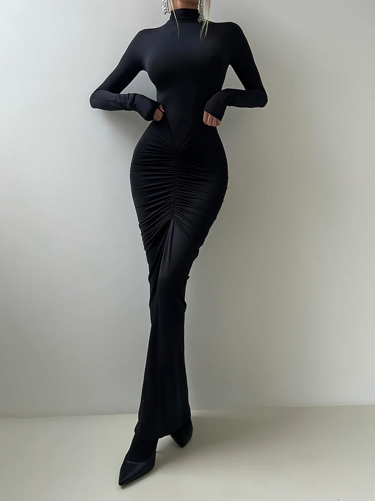 New Style Long Dress Woman Turtleneck Full Sleeve Skinny High Stretch Daily Casual