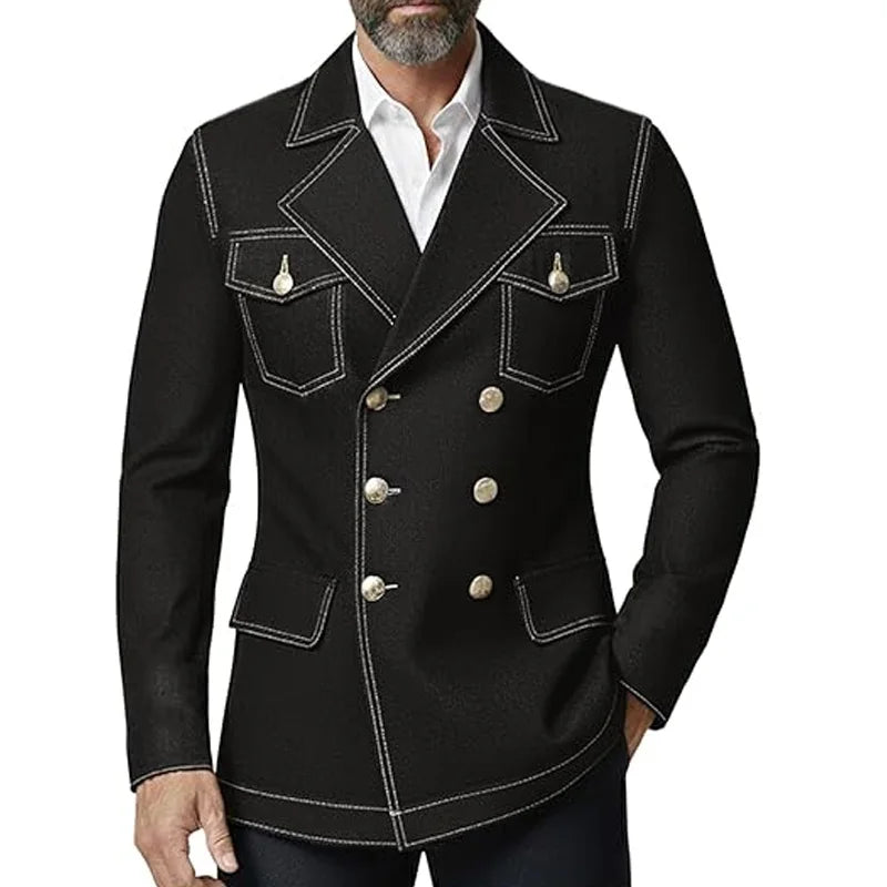 Men's Denim Jacket Double Breasted Slim Fit Notch Lapel Multi-pocket With Gold Button British Style Casual Office Spot Coat