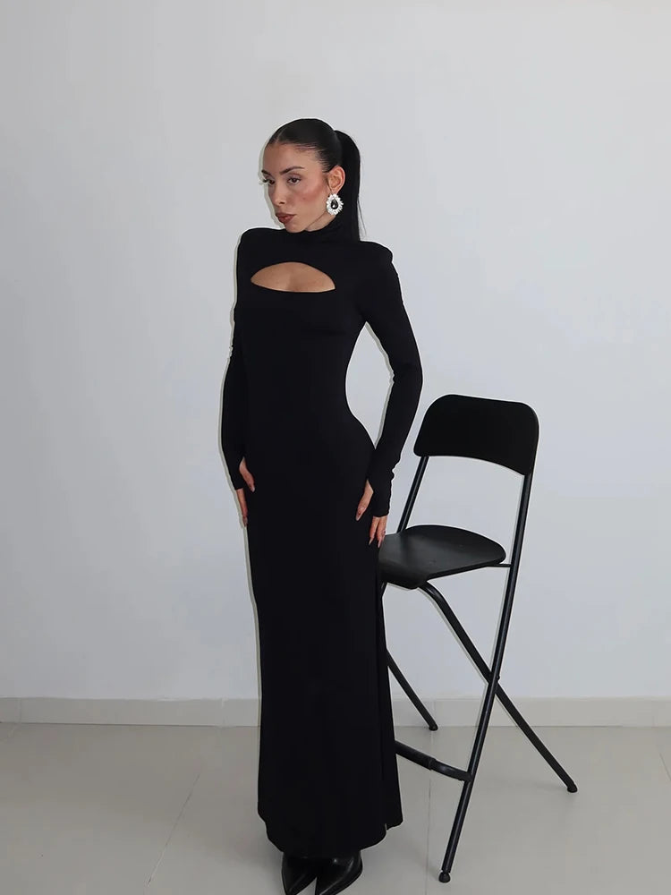 Women's Maxi Dresses Solid Turtleneck Regular Long Sleeves Hollow Out Slim Fit