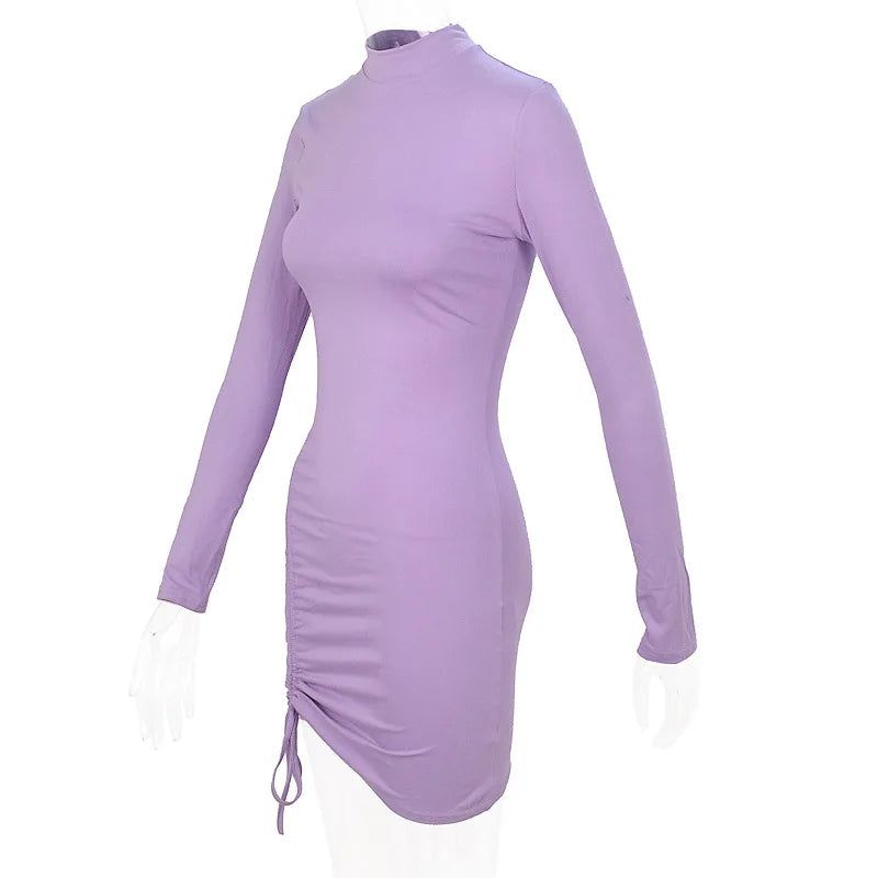 High-neck Purple Long-sleeved Pleated Tie-up Dress Skirt.