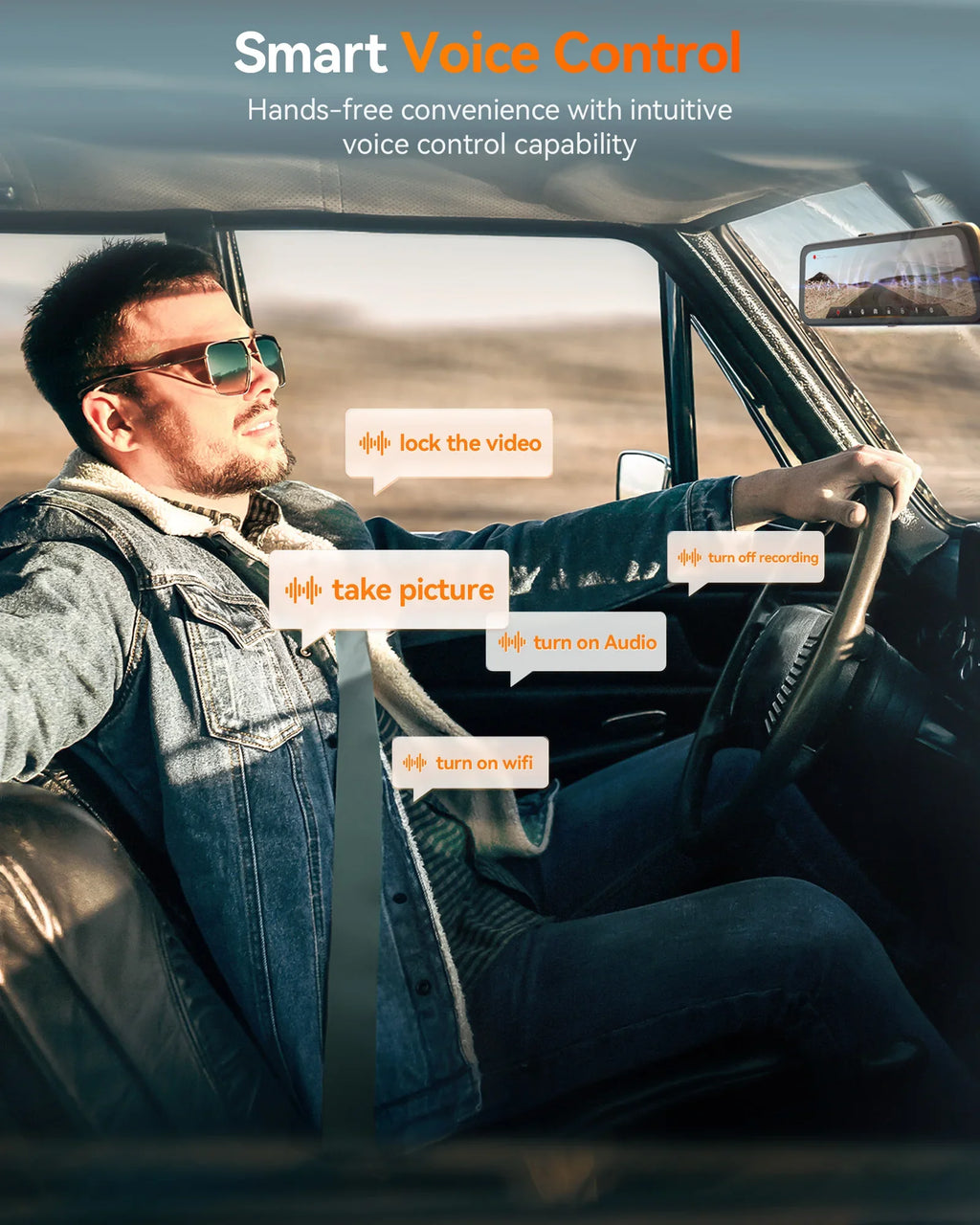 WOLFBOX G900 PRO Dash Cam – 4K front + 2.5K rear mirror dash camera with voice control, 5GHz Wi-Fi, GPS tracking, loop recording, and dual front & rear cameras for clear driving video and smart car security.