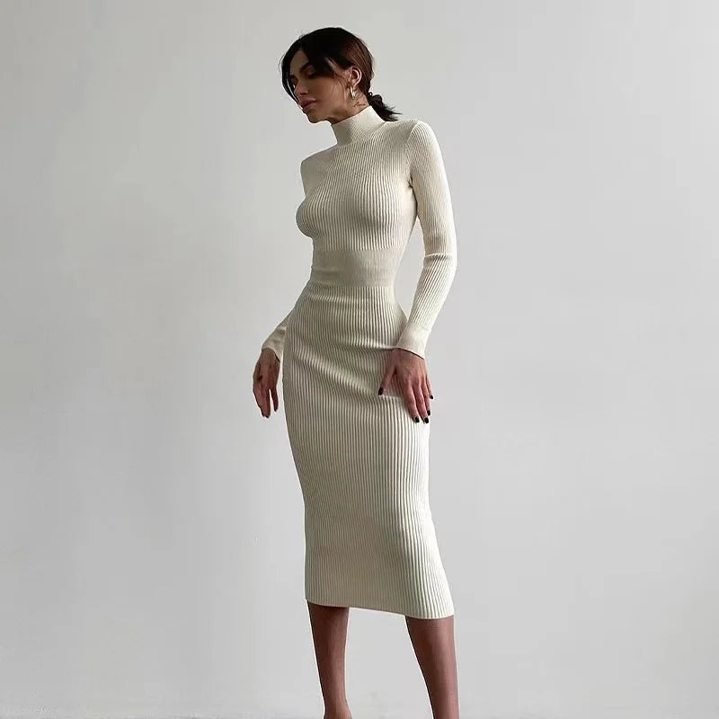Autumn Knitted Turtleneck Dress Women Long Sleeve Bodycon Midi Dresses Elegant Fashion
