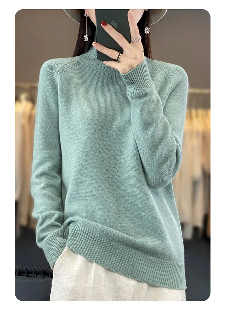 Autumn Winter Wool Sweater Mock Neck Office Lady Knitted Pullover Solid Soft Long Sleeve