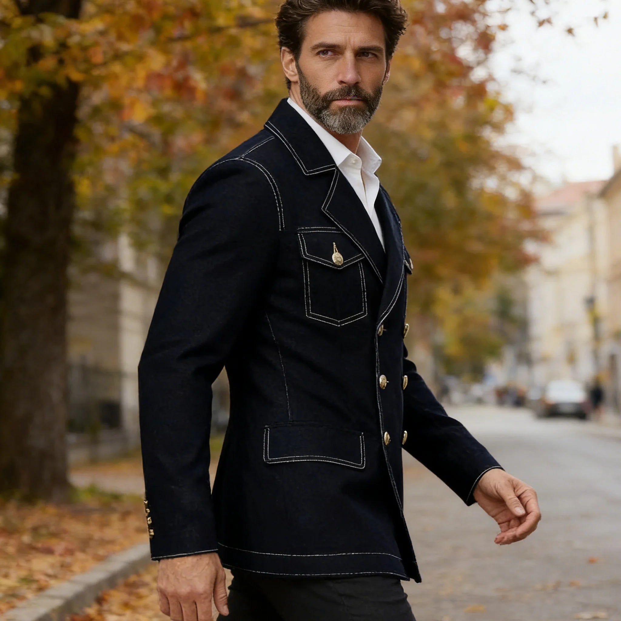 Men's Denim Jacket Double Breasted Slim Fit Notch Lapel Multi-pocket With Gold Button British Style Casual Office Spot Coat