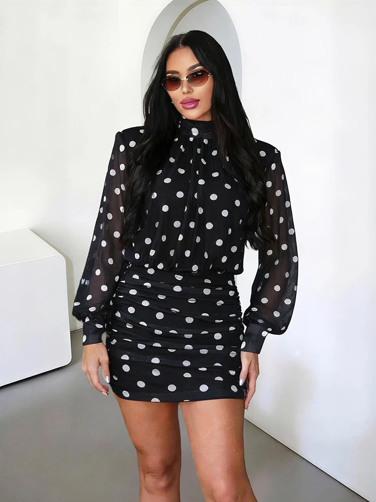Turtleneck Backless Dress Women Classic Polka Dot Lace-Up Mesh Patchwork.